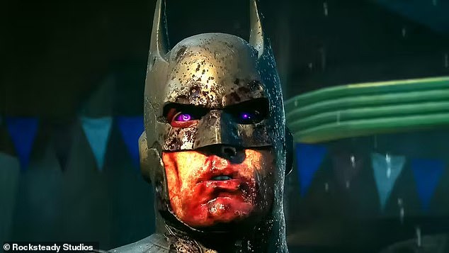 Batman is seen with purple eyes after Brainiac turns him evil - with Batman being shot in the face by Quinn, killing him