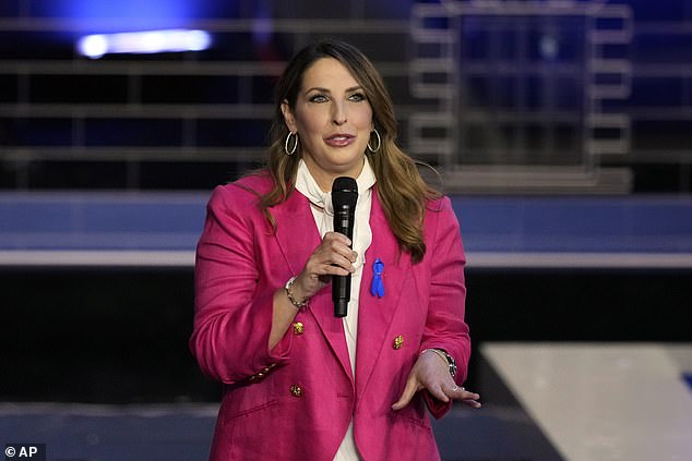 Turning Point Action's Restoring National Confidence conference on Monday and Tuesday focused on airing grievances against the RNC and its leadership.  Pictured: RNC Chair Ronna McDaniel speaks during a Republican primary debate on November 8, 2023