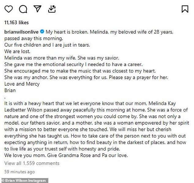 Wilson announced the bad news via Instagram on Tuesday about the death of his wife, with whom he married in 1995