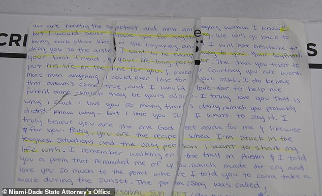 A note (photo) that appears to be from Osumbeli to Clenney, in which he describes her as the 'sweetest and most annoying woman' he knew.  It is unclear who marked the various pieces of text