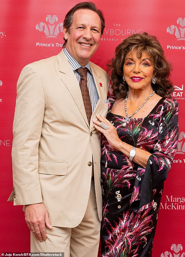 The legendary actress gave away no reference to her 90 years as she posed on Percy's arm at the Maybourne hotel for a Prince's Trust x Joan Collins DBE lunch