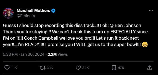 Eminem posted the joke to X after news broke that Johnson would not be leaving Detroit