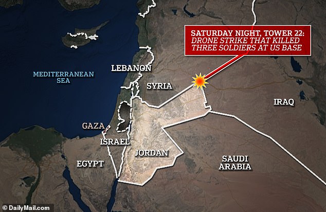 The protest came a day after three U.S. service members were identified as dead after a drone strike hit a U.S. military outpost in Jordan on Saturday, injuring dozens.