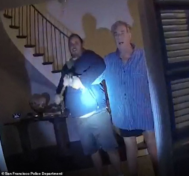 San Francisco Police body camera image shows David DePape with Paul Pelosi at Pelosi's San Francisco home in the early hours of October 28, 2022. DePape was found guilty of attempted kidnapping of a federal official and assault on the immediate family member of a federal official.  He faces a prison sentence of up to 50 years