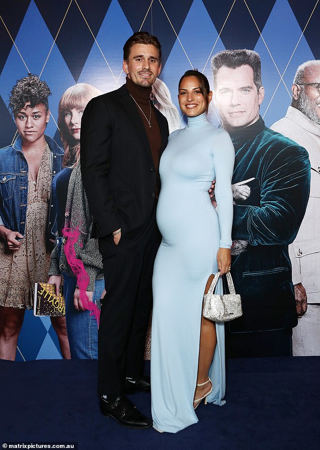 Elsewhere, heavily pregnant Jade Tunchy, 28, (right) and partner Lachie Brycki, 30, (left) wore very similar turtleneck looks