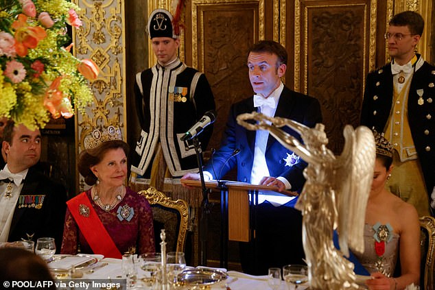 President Macron, looking sharp in a tuxedo, also addressed guests at the dinner