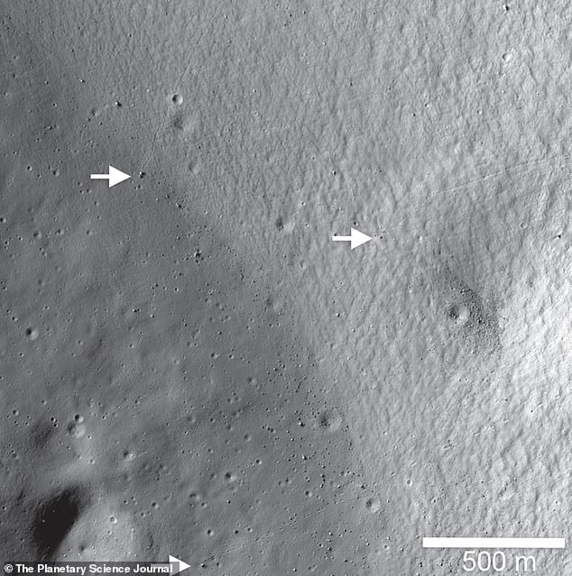 Pictured: Part of the inner wall and floor of Shackleton Crater at the moon's south pole.  Boulder falls (white arrows) suggest that recent seismic shaking events have occurred in the crater