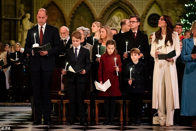 The Prince of Wales, Prince George, Princess Charlotte, Prince Louis and the Princess of Wales at the Royal Carols - Together At Christmas service at Westminster Abbey in December