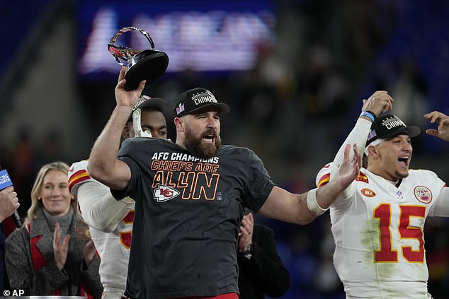 The 34-year-old celebrates after the Chiefs' victory at M&T Bank Stadium on Sunday