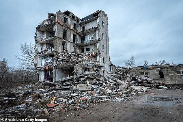 A view of a destroyed residential building as the war between Russia and Ukraine continues in Izium, Ukraine on January 28