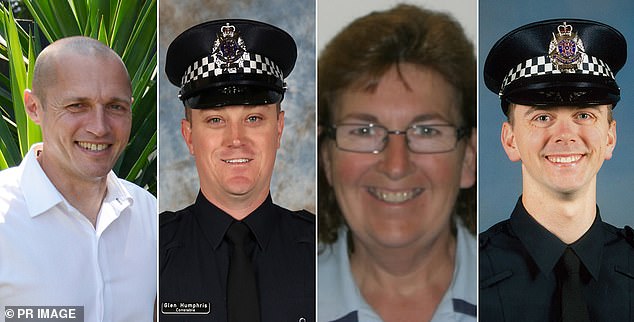 Constable Glen Humphris, Senior Constable Kevin King, Leading Senior Constable Lynette Taylor and Constable Josh Prestney all died in the horror crash (pictured from left to right)