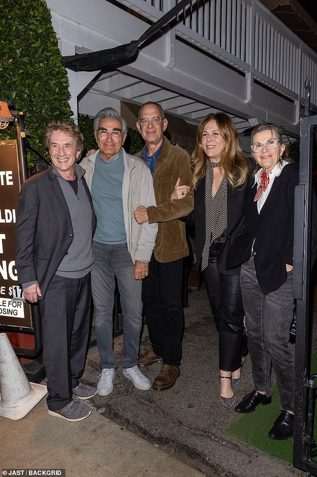 The 77-year-old Schitt's Creek alum (2-L) brought along his wife of 46 years Deborah Divine (R), while the 67-year-old two-time Oscar winner (M) accompanied his wife of 35 years Rita Wilson (2-R)