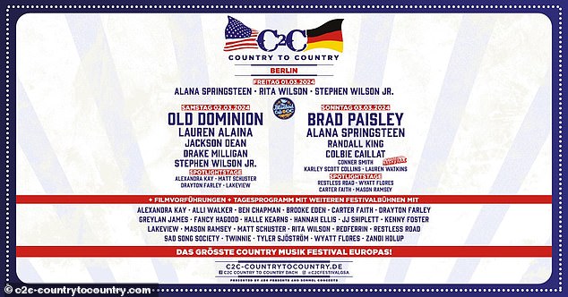 Meanwhile, Rita will perform at the country music festival Country 2 Country in Berlin, Germany on March 1