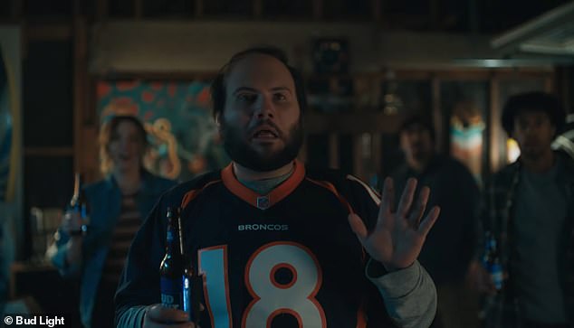 The 12-second preview starts with a close-up of a Bud Light quilted jacket as Steppenwolf's Magic Carpet Ride plays in the background, then jumps to a man in a Broncos jersey