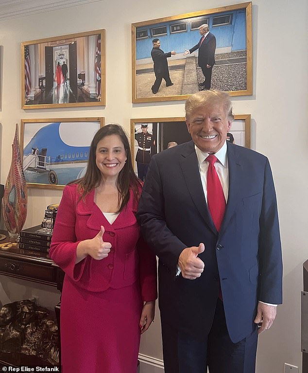 Elise Stefanik poses with Donald Trump.  He leads the polls by a wide margin in the race for the Republican nomination in 2024