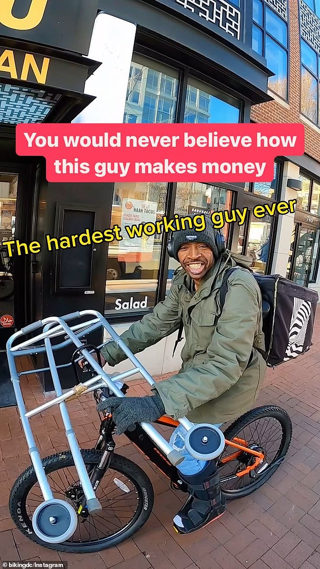 The capital's most dedicated delivery driver, Kevin Ross, 44, has been captured on video cycling through the streets with a walker strapped to his bike to collect food orders