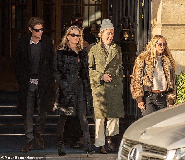 Kate Moss celebrated her 50th birthday in Paris on Tuesday as she headed to lunch with boyfriend Nikolai von Bismarck, 37, hairdresser James Brown and daughter Lila, 21, before later throwing a huge party at the Ritz