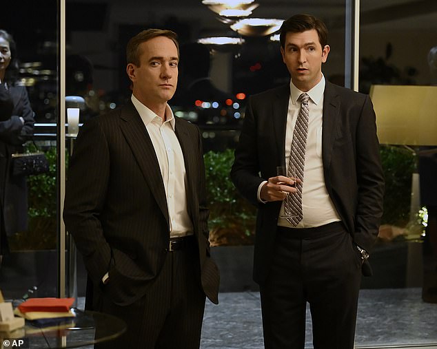 Matthew Macfadyen as Tom Wambsgans, left, and Nicholas Braun as Greg Hirsch in a scene from the series Succession, written by Jesse Armstrong