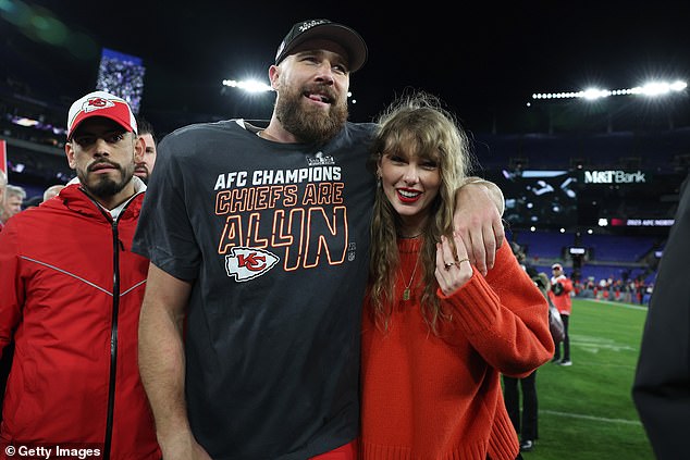 Conservatives are increasingly concerned about the potential that Taylor Swift could support President Joe Biden's re-election and mobilize young, female voters.  Pictured: Swift celebrates a win with boyfriend Travis Kelce on Jan. 28 while heading to the Super Bowl with the Kansas City Chiefs