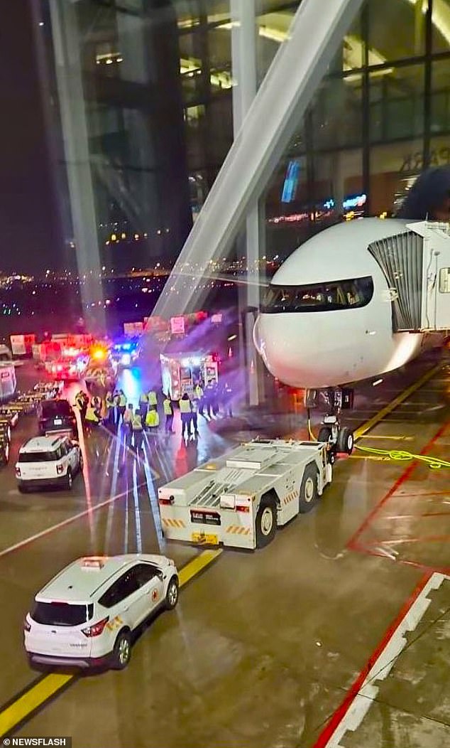 Emergency services outside the Boeing 777 plane after the man fell six meters to the tarmac at Toronto Pearson International Airport