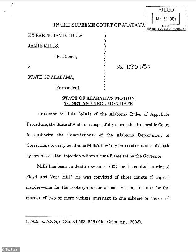 Mills, 39, was convicted in 2007 of three counts of capital murder for the killings of Floyd Hill and Vera Hill and has been on death row since.