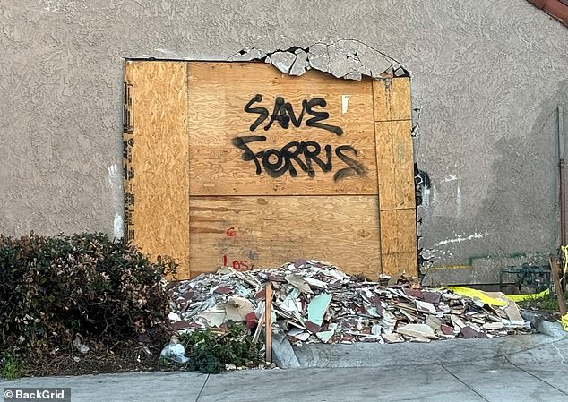 The restaurant where Alan Ruck crashed his car last year was defaced with a tribute to Ferris Bueller's Day Off