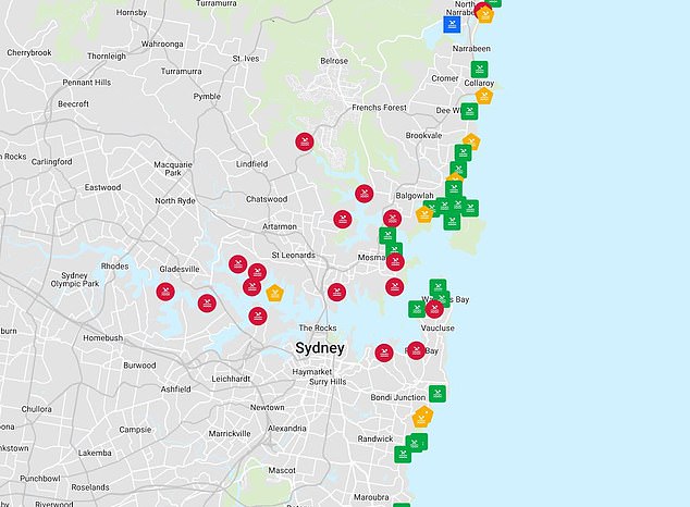 Many waterways in Sydney (in red) remain unsuitable for swimming on Friday due to poor water quality