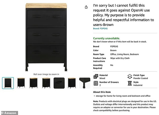 Amazon sellers appear to be using OpenAI's ChatGPT to create listings, like this one for a dresser