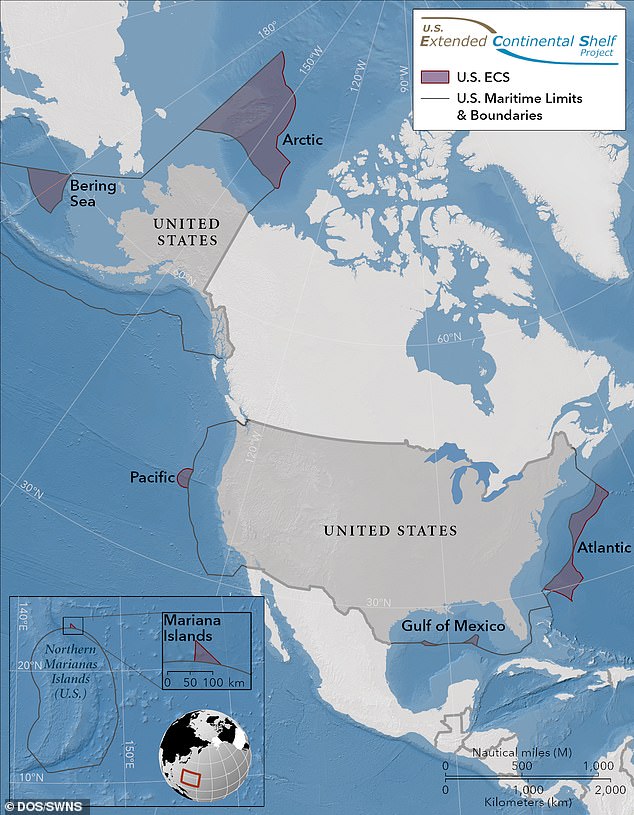 The US Department of State (DOS) has added six regions' submerged offshore areas, or extended continental shelf (ECS), to the total landmass, allowing the country to claim more surrounding ocean floor area