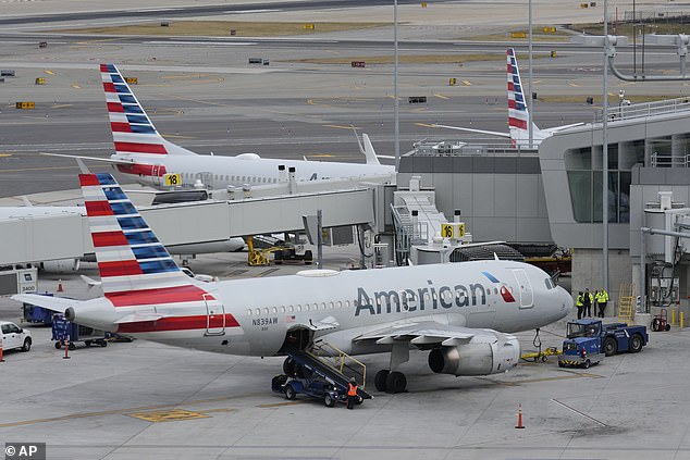 An American Airlines plane skidded off the runway onto the grass at Rochester Airport while landing, according to passengers on board.  Pictured: American Airlines planes at LaGuardia Airport