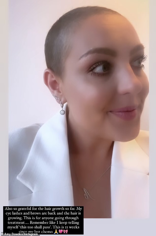 Amy Dowden has revealed her hair has started to grow back after chemotherapy and admitted she is feeling more positive amid her battle with breast cancer