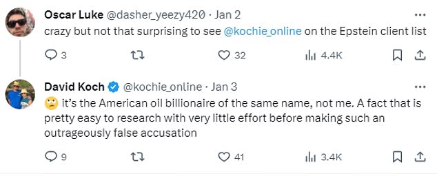 The 67-year-old former Sunrise breakfast show host said he was being mistaken for an American oil tycoon.  The billionaire, who shares the same name as Koch, was mentioned in recently released court documents related to the Epstein sex scandal (photo, Koch's tweet)