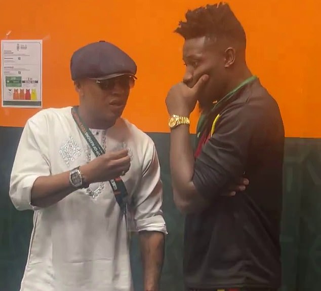 Andre Onana, right, was engaged in a conversation with ex-Senegalese star El Hadji Diouf