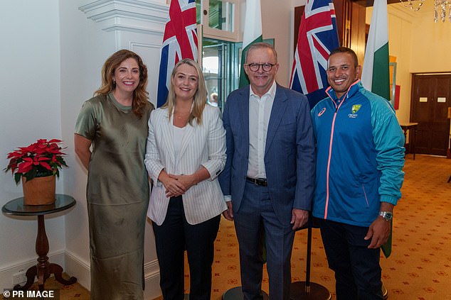 Mr Albanese is pictured with partner Jodie Haydon and cricketer Usman Khawaja on Monday