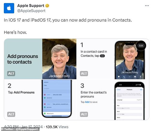 Apple sparked outrage on X, formerly Twitter, after sharing a guide to adding pronouns to contacts on iOS17