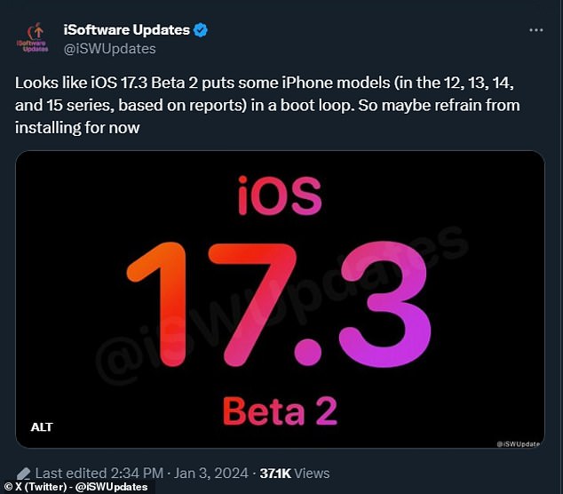 Tech giant Apple has removed its flawed new operating system update, iOS 17.3 Beta 2, after reports that the software is freezing some iPhones