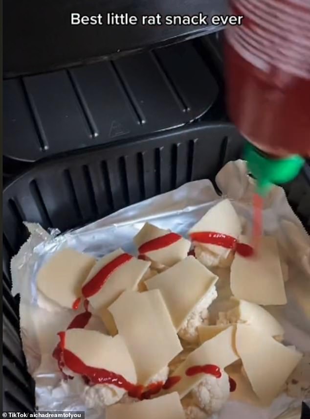 A TikTok video shows a woman putting cheese and chili sauce on cauliflower to make the 'best little rat snack ever'