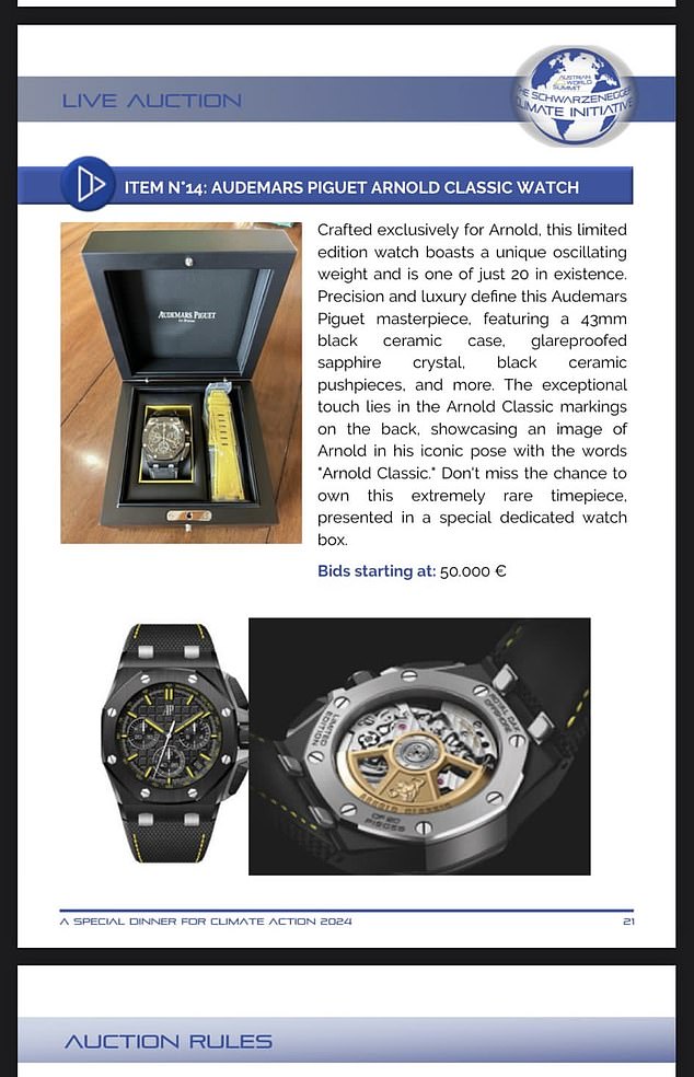 The expensive timepiece will go on sale tonight at the Schwarzenegger Climate Initiative auction in Kitzbühel, Austria, with a starting price of ¿50,000.