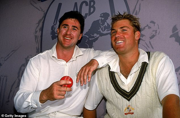 Australian cricketer Tim May (pictured left, with the late Shane Warne) broke down while delivering a prostate cancer message to Australian men on Thursday