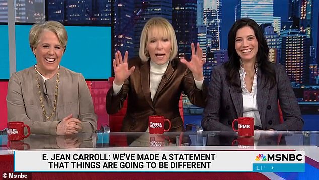 E Jean Carroll appeared on MSNBC yesterday with attorneys Roberta Kaplan (left) and Shawn Crowley (right) after their historic legal victory over Donald Trump