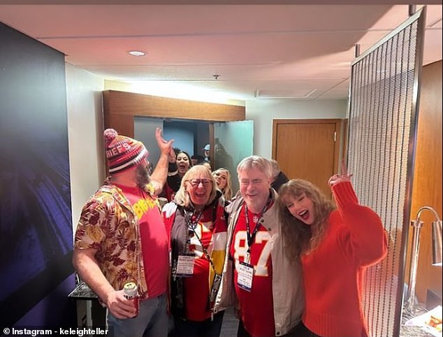 Swift (right) posed for photos with the Kelce family – including Jason, Donna and Ed (left-right)