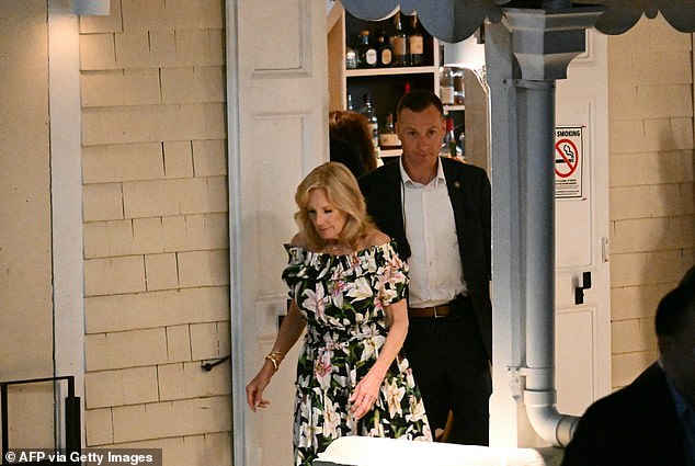 Jill Biden leaves Too.Chez restaurant in downtown Christiansted in St. Croix