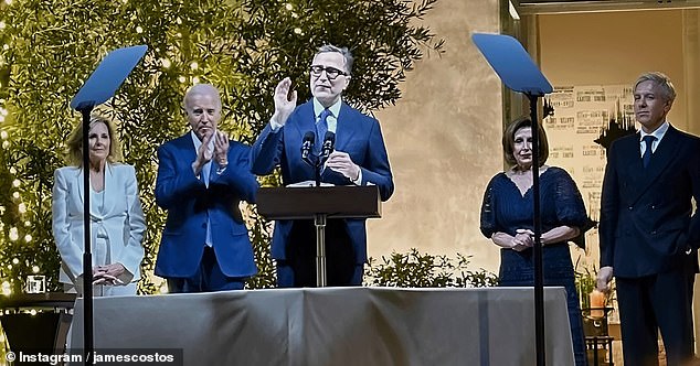 James Costos (center) posted a photo of the fundraiser he hosted at his Los Angeles home in the fourth quarter of 2023 with (from left) first lady Jill Biden, President Joe Biden, Speaker Emeritus Nancy Pelosi and Costos' partner Michael Smith