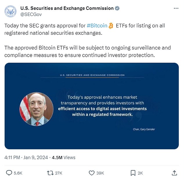 The tweet, published at 4:11 p.m., came from the SEC's official account