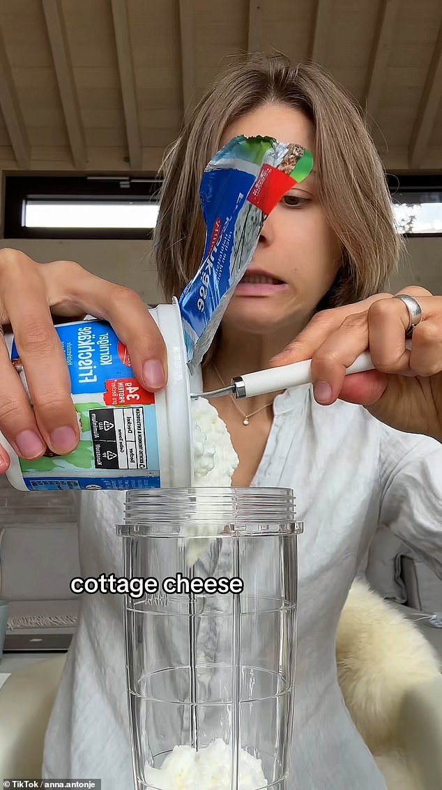 A video from @anna.antonje, who has 6.9 million followers, shows her surprise that the strange mix of cottage cheese and chocolate chips tastes good when she spoons it out of a large mixing bowl.  She starts the recipe by mixing cottage cheese, as shown