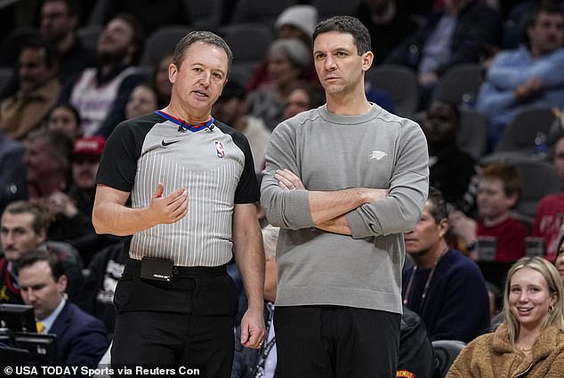 Oklahoma City head coach Mark Daigneault talks to the officials during Wednesday's game