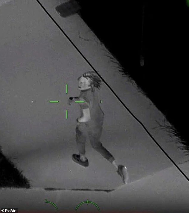 Police helicopter footage captures the dramatic moment a suspect (pictured) was located and arrested following a wild chase after three people were shot