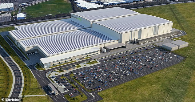 Gigawatts needed: Britain needs to increase battery production at home to ensure we can keep up with the EV revolution, according to a new report.  Pictured: The EnvisionAESC giant currently under construction to supply batteries to Nissan's Sunderland car plant