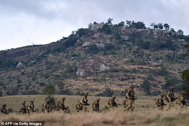 The outbreak is the largest ever reported by the military worldwide.  Health officials were initially baffled about the cause of the outbreak.  But investigations found that most cases could be traced to contaminated fresh water collected from rivers where the trainees swam in Nanyuki.  Pictured: British Army soldiers during a military exercise at ol-Daiga ranch, Nanyuki, Kenya in 2018