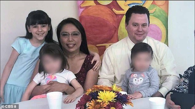 Leticia and Brian McCormack are pictured with the three girls they adopted in 2019.  Arabella is on the far left